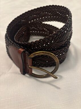 Braided Mixed Leather Belt SZ L Dark Brown w/Bronze Buckle woven boho casual NWT
